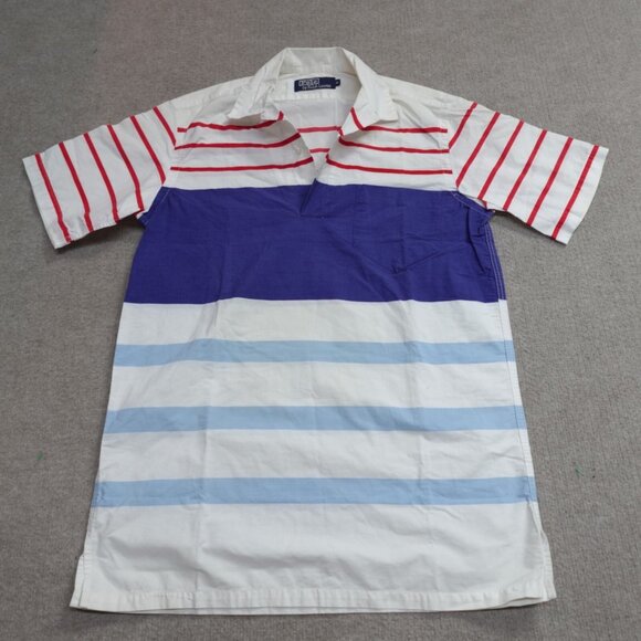 Vintage Polo Ralph SmallWhite Blue Popover Camp Loop Collar Poplin